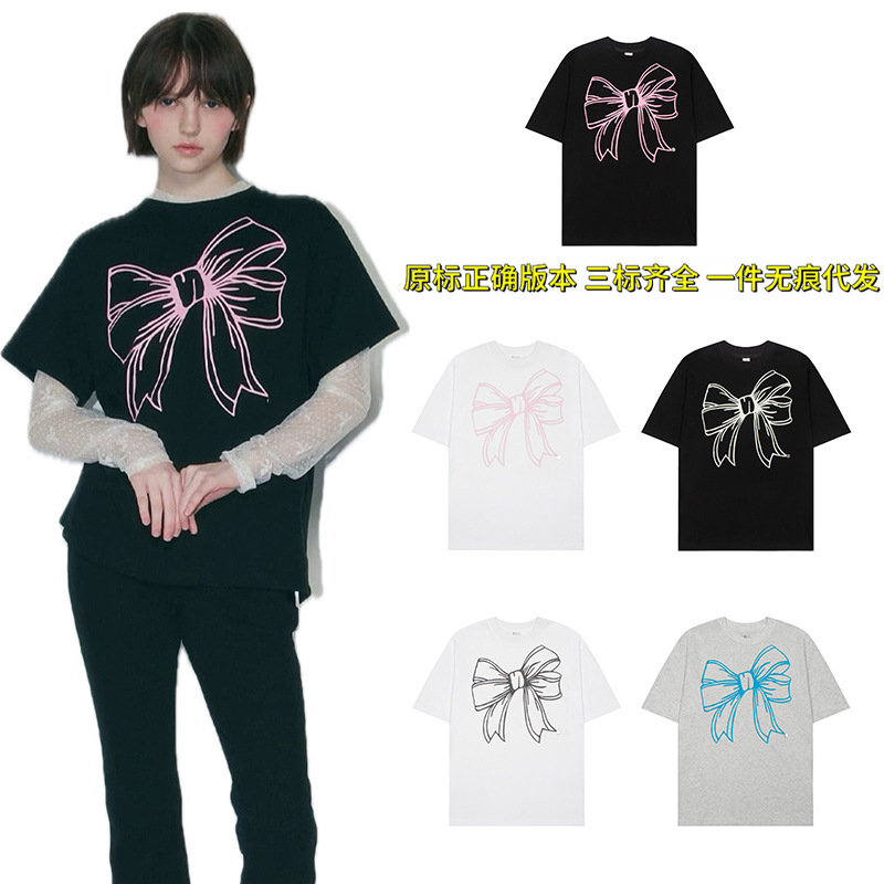 in stock South Korea RONRON Summer New Bow Short-sleeved T-shirt Large Logo Printed Round Neck Women's Top for Hair