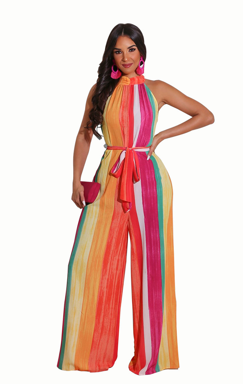 Colorful Print Lace Up Wide-Leg Jumpsuit NSXHX76771