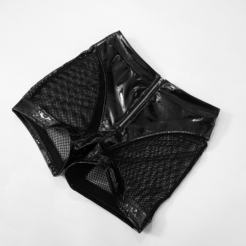 Women Clothing Faux Leather Mirror Skin Sexy Zipper Short Top Hollow Out Cutout Sheath Shorts Suit
