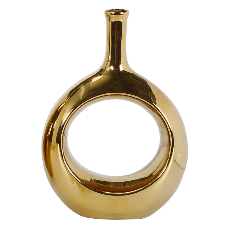 Jarrón de cerámica hueco para flores secas, circular, galvanizado, para exportación, hotel, oficina, hogar, adorno artesanal, arreglo floral, venta al por mayor, arte floral.