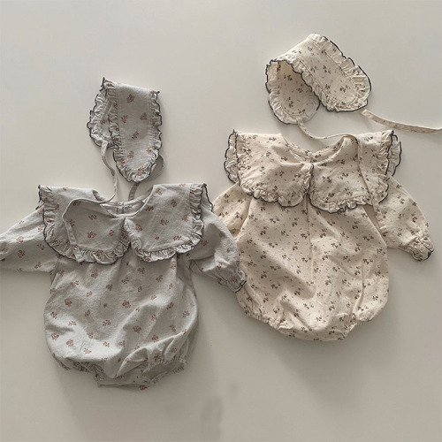 Korean version of ins spring and autumn new floral doll collar long-sleeved harem baby cotton cute trendy climbing clothes with hair hoops