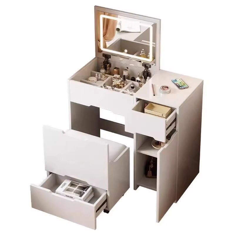 Comedor de tocador dormitorio moderno simple pequeño viento de crema nuevo tipo plegable con lámpara mesa de maquillaje gabinete de almacenamiento en uno