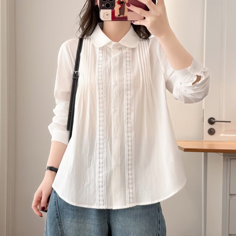 [Special Offer] 100kg New Spring Style for Plus-Size Women: Elegant Casual Lace Trim Long Sleeve Shirt 9476