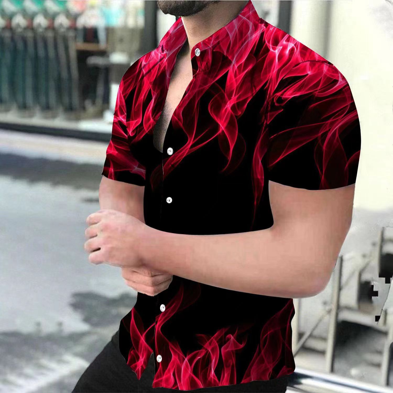 Nuevas camisas de impresión de hombres grandes transfronterizas, camisas de manga corta hawaianas, llamas de verano, camisas casuales impresas en 3D