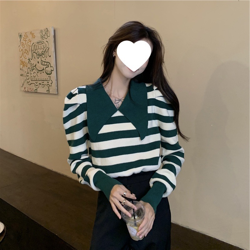早秋慵懒短款上衣设计感新款复古条纹泡泡袖长袖针织衫女毛衣小众|undefined