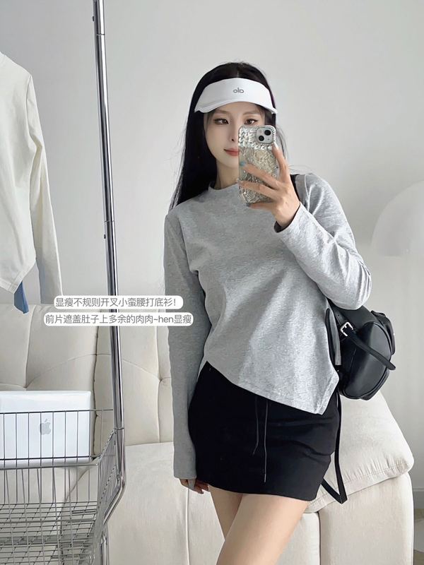 基础款不对称圆领长袖t恤女春秋季新款宽松显瘦时尚休闲垂感上衣|undefined