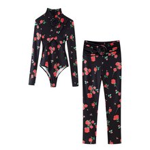 欧美风亚马逊速卖通爆款时尚潮流立体花装饰印花连体衣紧身裤套装