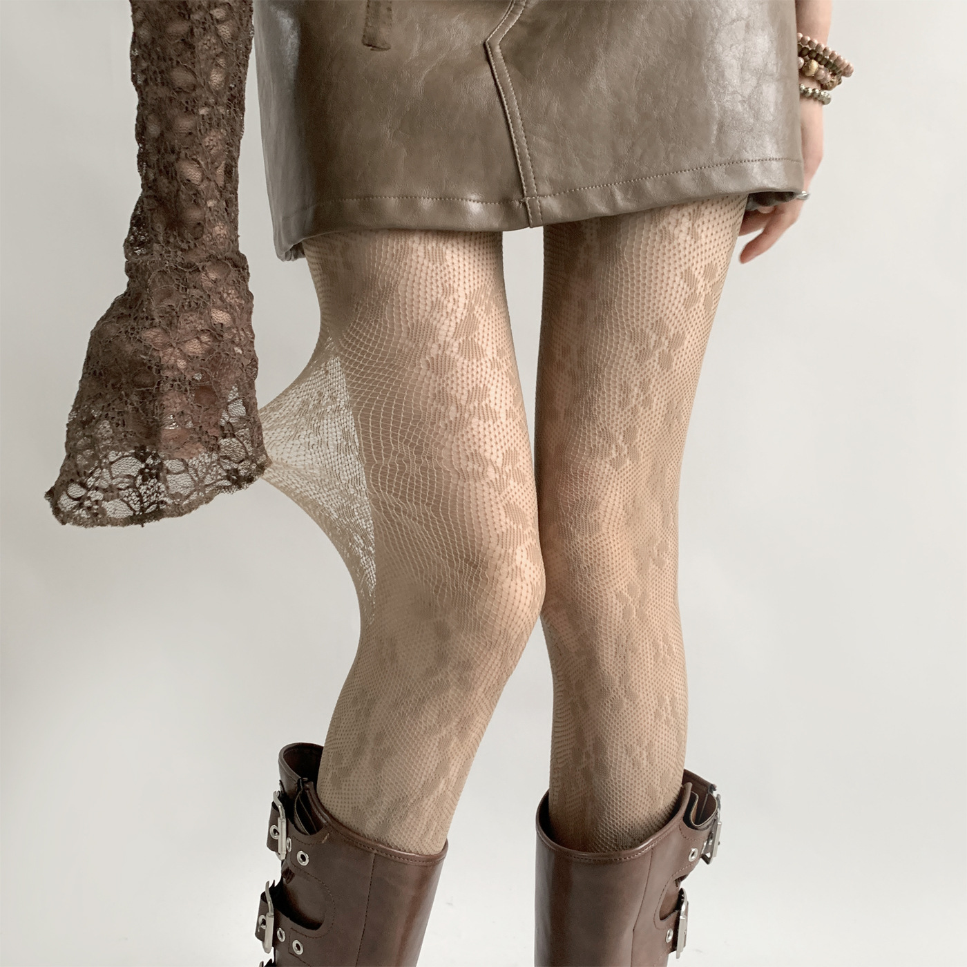 Brown Stockings for Women Summer Thin Lolita Anti-Snatch Stockings for Women Lace Small Flower White Fishnet Pantyhose