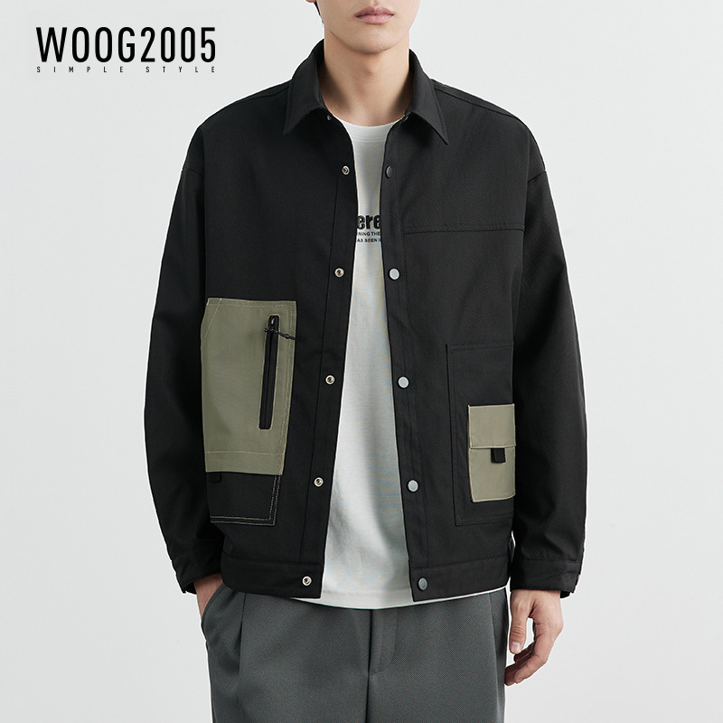 WOOG2005 chaqueta de solapa negra de los hombres 2024 primavera nueva moda costura herramientas chaqueta casual hombres