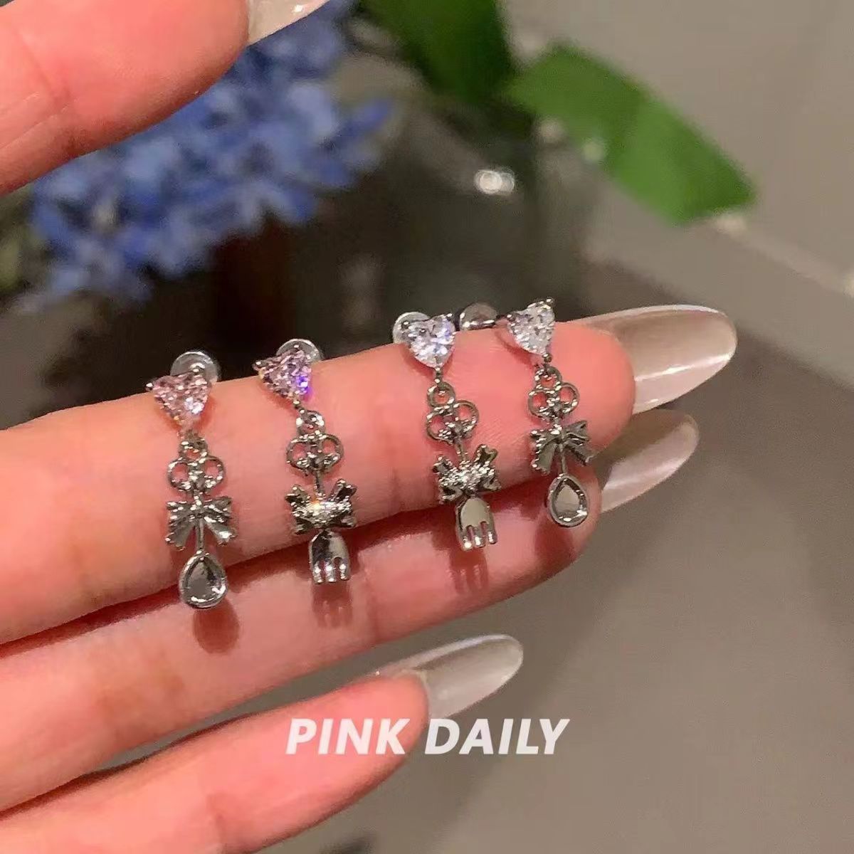 Unique design sense pendant ear bone nail titanium steel thread love zircon niche earrings female