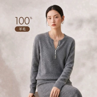 秋冬新款纯羊毛衫圆领半开纽扣同款羊绒女针织长袖毛衣濮院羊毛衫