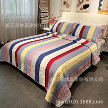 外贸美式双面纯棉条纹绗缝被三件套韩国高档床盖全棉四季通用床单