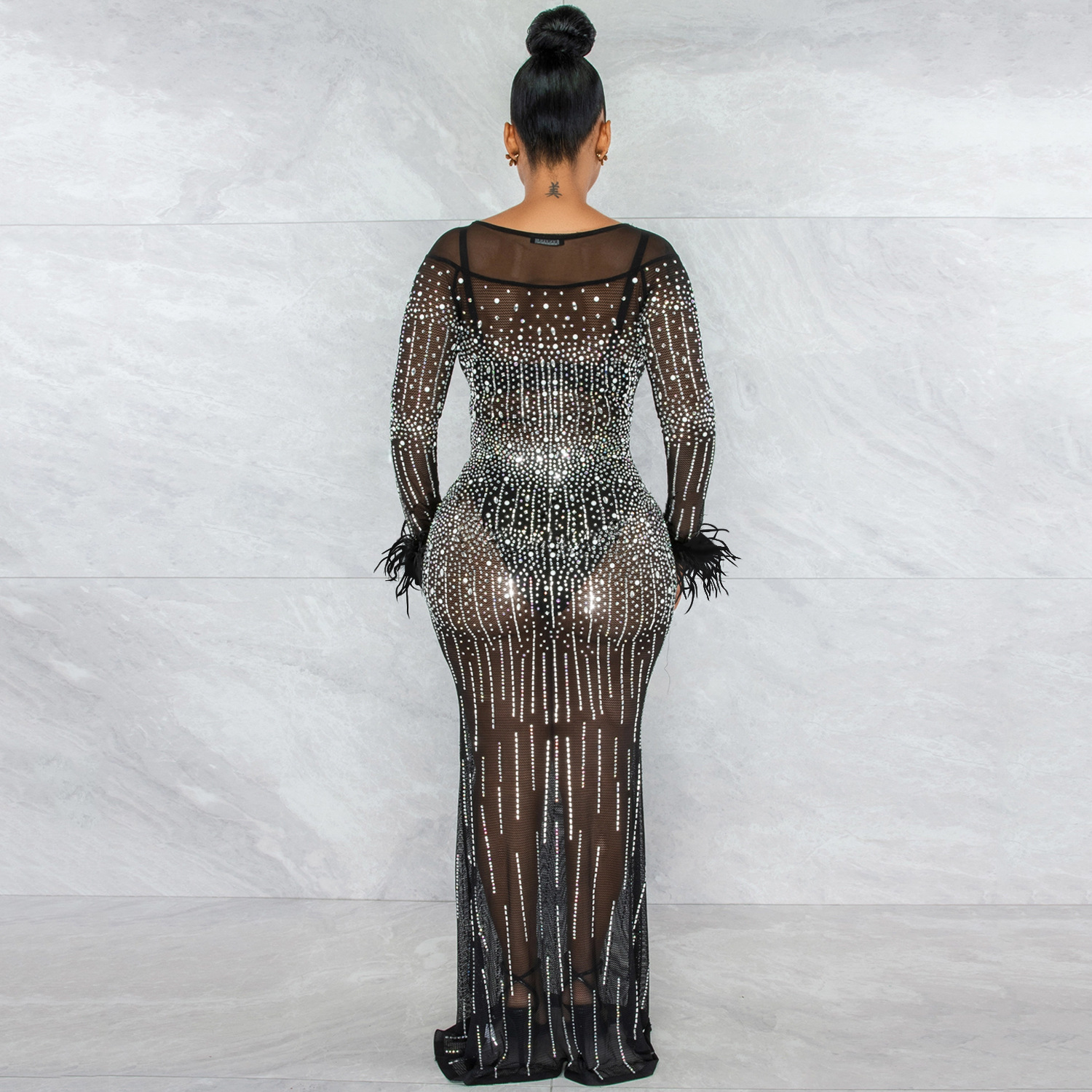 Hot Diamond Mesh See-Through Long-Sleeved Prom Dress NSXYZ110917