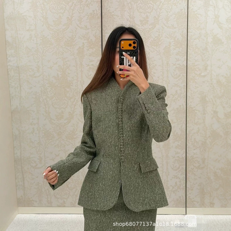 26 New olive green tweed French-style high-end, elegant, understated, luxurious, and modern cardigan jacket with subtle shimmer