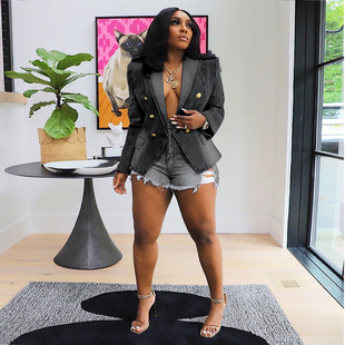 2024 Spring New European and American Ins Style Slim Double-Breasted Lion Lapel Button Denim Suit Jacket Cardigan
