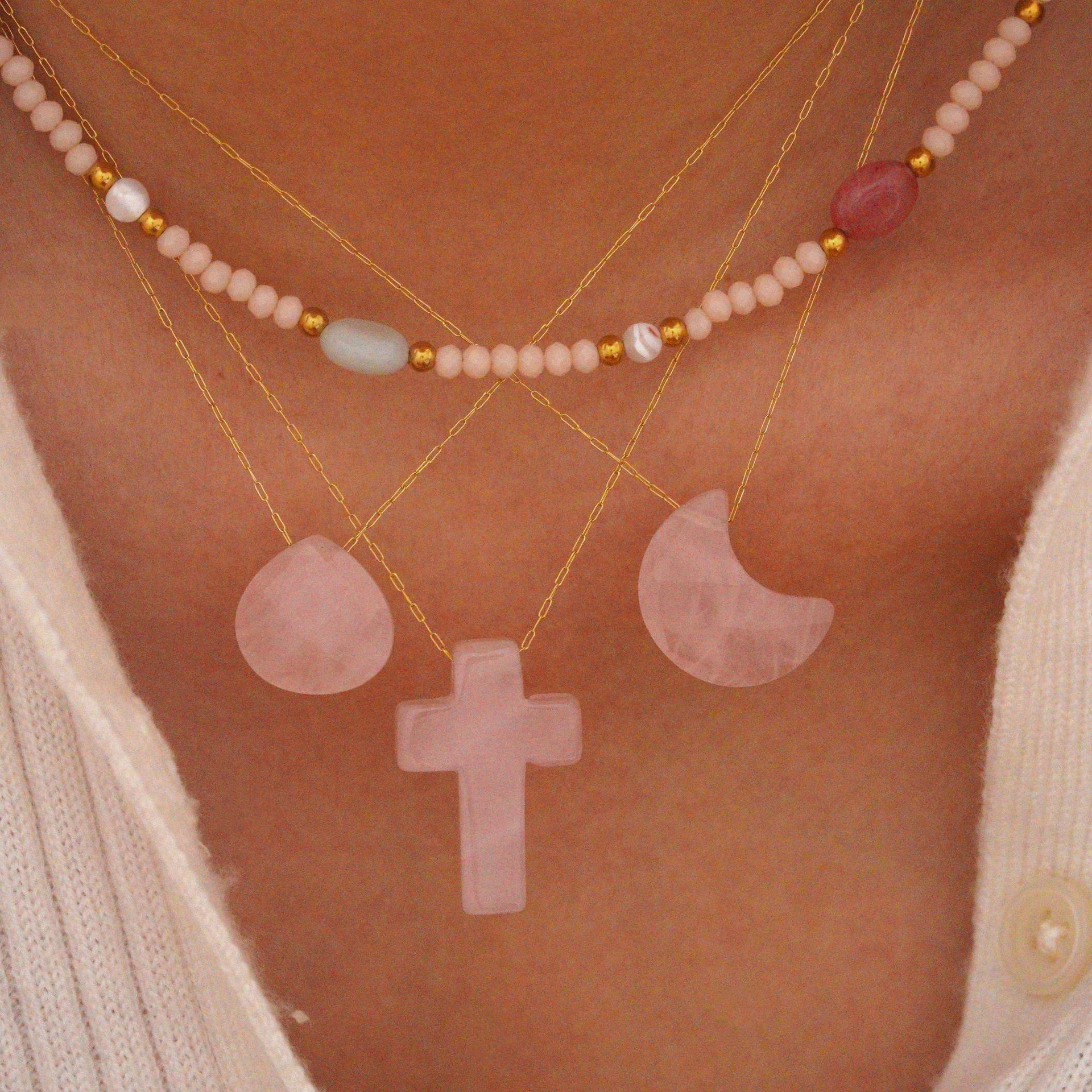 10g Weight IG Style French Style Cross Moon Natural Stone Titanium Steel 14K Gold Plated Pendant Necklace In Bulk