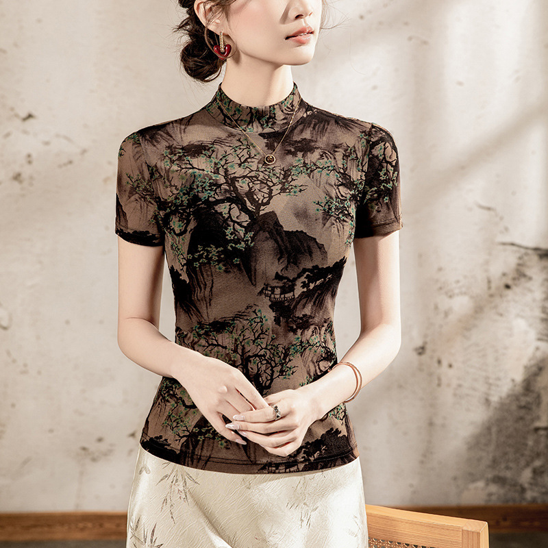 Half Turtleneck Ink Printed Mesh T-Shirt Women's Short-Sleeved 2025 Summer New Mesh Women's Stand-Up Collar Top