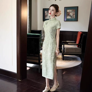 新中式改良旗袍女短袖修身绿色气质年轻款连衣裙日常2026新款夏季