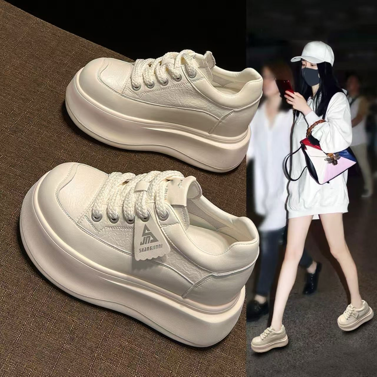 White Sneakers with 10cm Hidden Height Increase, Suitable for Pairing with Wide-Leg Pants, New 2026 Spring Thick-Soled Platform Shoes for Petite Women