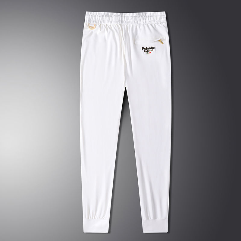 White embroidered casual summer thin trendy ice silk for men's Harun 9-point sports pants_voghion.com