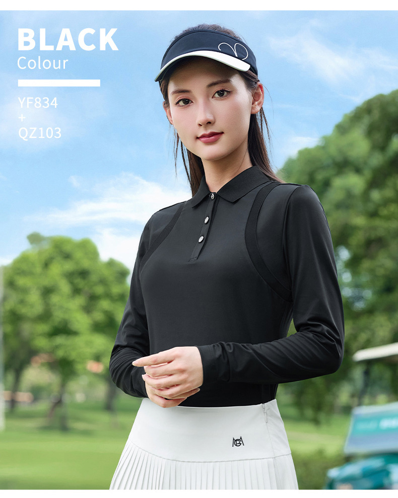 Áo polo dài tay nữ golf phối giả hai mảnh, chất vải co giãn thoáng khí — Tay áo dài màu trắng [nút tình yêu/vải co giãn/thoáng khí và thấm mồ hôi] YF834 chi tiết 15