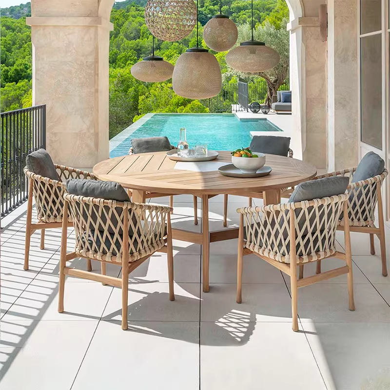 Mesa y silla de teca al aire libre Villa patio silla de caña Mesa y silla de comedor de madera maciza Muebles combinados silla de jardín silla de balcón silla de caña