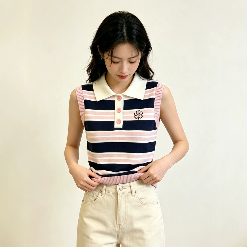 Elegant color-blocked striped polo collar knitted vest top for summer, slimming and suitable for outer wear, sleeveless pullover top