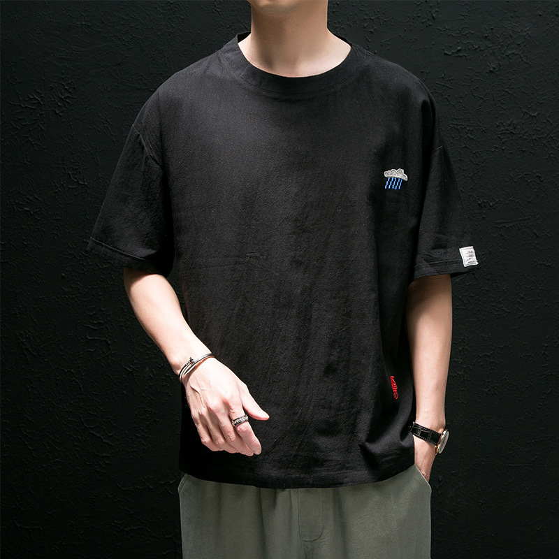 Verano estilo chino color sólido lino de manga corta ropa de verano para hombres algodón lino hielo seda camiseta ropa de hombre ropa japonesa suelta media manga