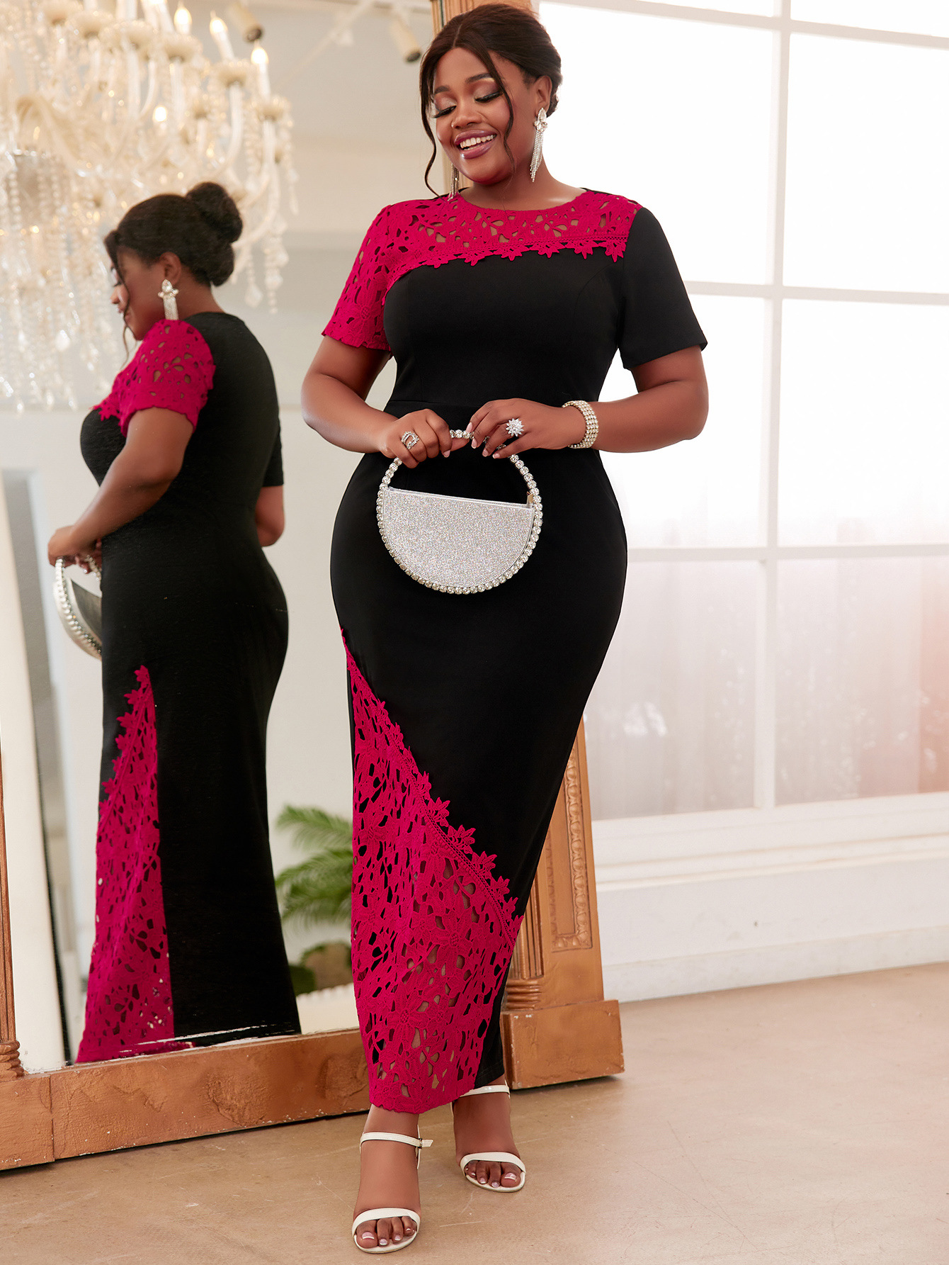 Women's Elegant Lace Stitching Asymmetric Dress Plus Size Floral_voghion.com