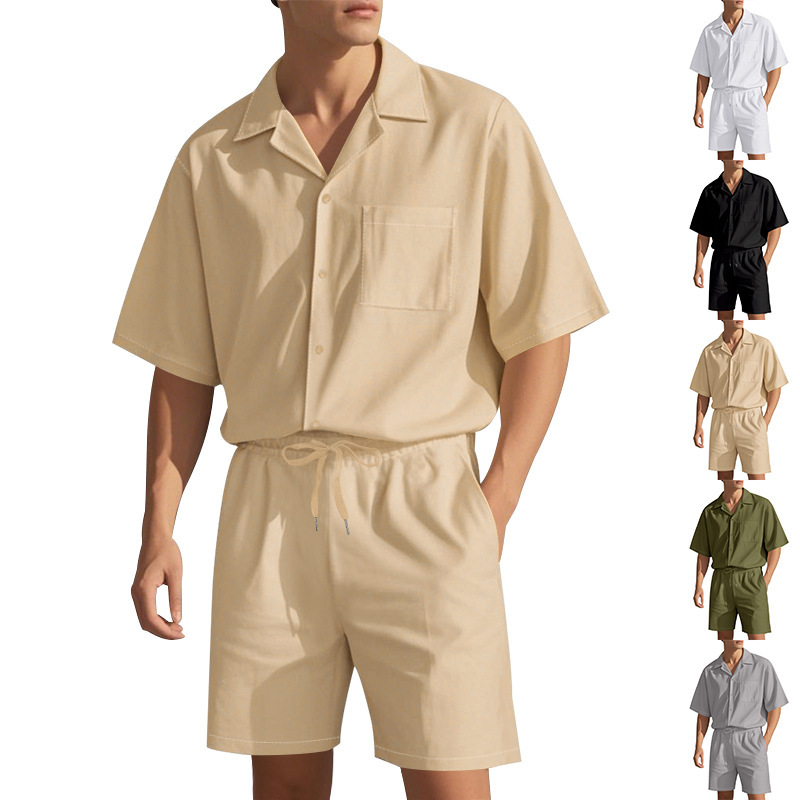 국경 간 독립 스테이션 미국 여름 남성 루즈 캐주얼 트렌디 비치 라펠 반팔 셔츠 반바지 남성용 정장