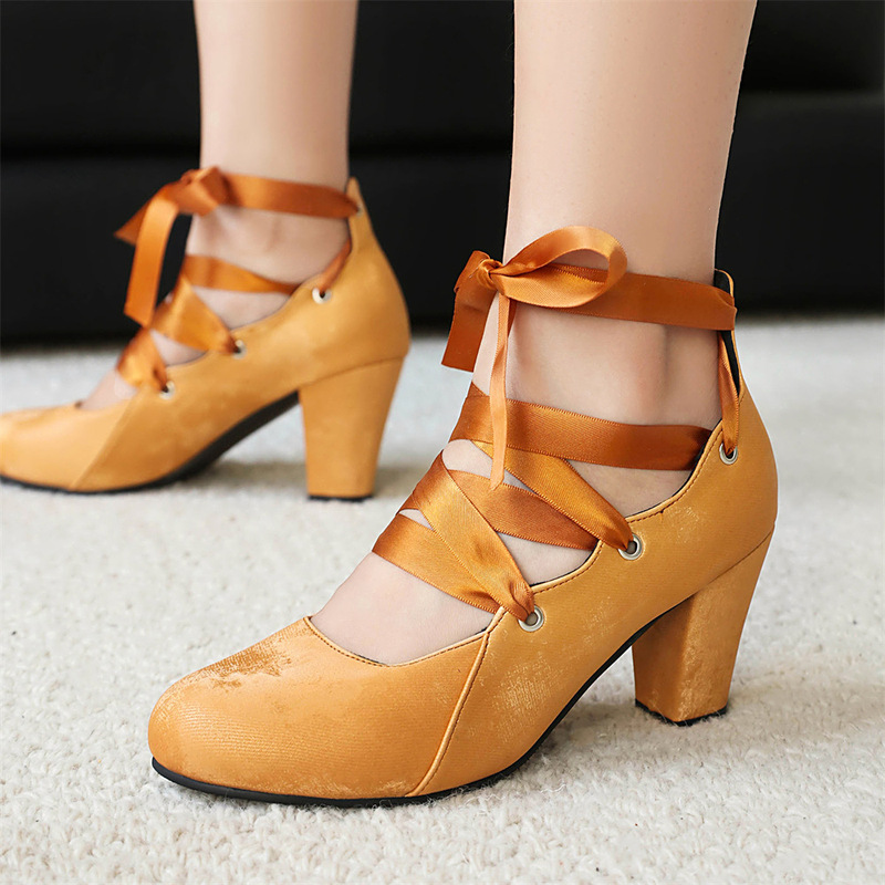 Cross-Border Foreign Trade Women's Shoes Mary Jane Chunky Heel Lace-Up High Heels Ballet Style Elegant Single Shoes for Girls Large Size 34-47 Cross-Border Foreign Trade Women's Shoes Mary Jane Chunky Heel Lace-Up High Heels Ballet Style Elegant Single Shoes for Girls Large Size 34-47