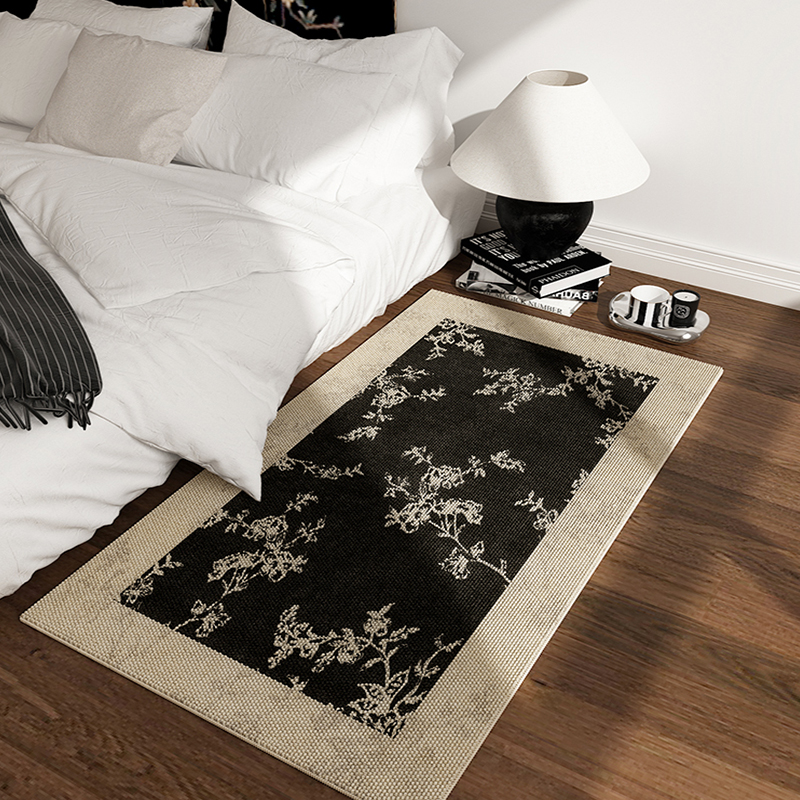 D9GH复古床边地毯卧室客厅地垫主卧床下房间美式黑色轻奢感耐