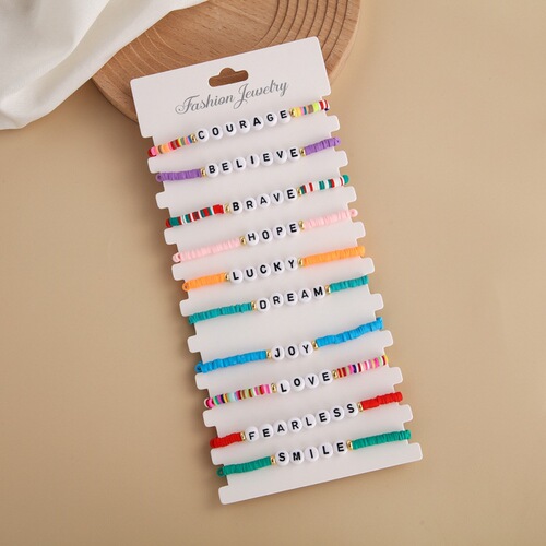 New Cross-border Colorful Soft Clay Alphabet Bead Bracelet Set with Gold-plated Separating Beads, Hand-woven Elastic Accessory for Wholesale