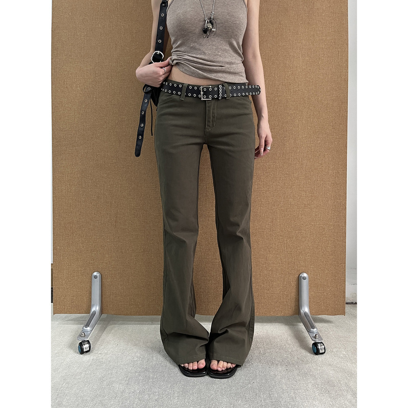 See 3L Military Green Soft Denim Pants for Women 2026 Summer American Style Low Waist Slim Fit Flared Trousers 8903