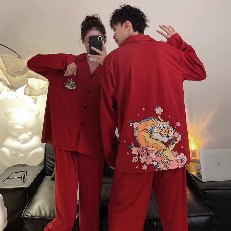 Dragón rojo año pareja pijamas primavera y otoño puro algodón de manga larga 2024 Nuevo Año de la boda de los hombres y las mujeres de invierno homewear