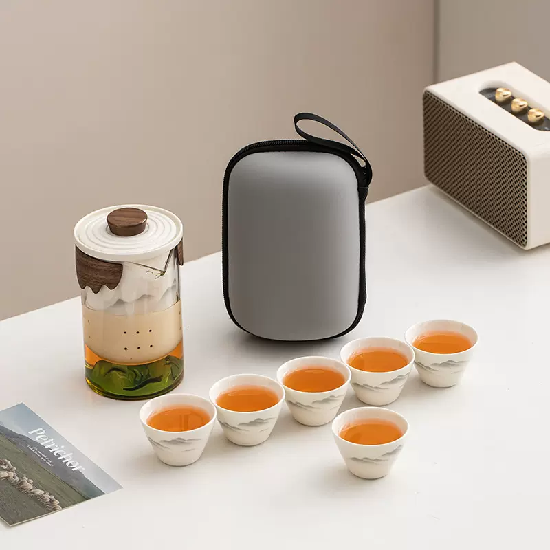 旅行茶具套装便携式户外快客杯一壶六杯露营玻璃泡茶壶礼品定logo