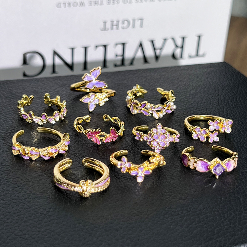 7g Weight Open Rings Classification Adjustable Ring Size 1 Piece Quantity Holiday, Tea Party Occasion Copper Material Flower, Butterfly Pattern All Seasons Season Women's Gender Enamel Design Classic Style, Shiny Style Wholesale Jewelry Classic Style Shiny Flower Butterfly Copper Enamel Open Rings 7