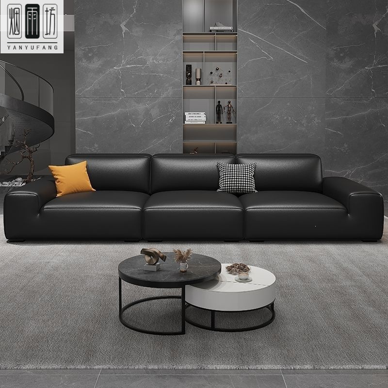 Italian-Style Minimalist Black Leather Sofa for Living Room, Cat-Scratch Resistant, Block-Shaped, Straight-Row Latex Sofa, Modern Apartment Sofa