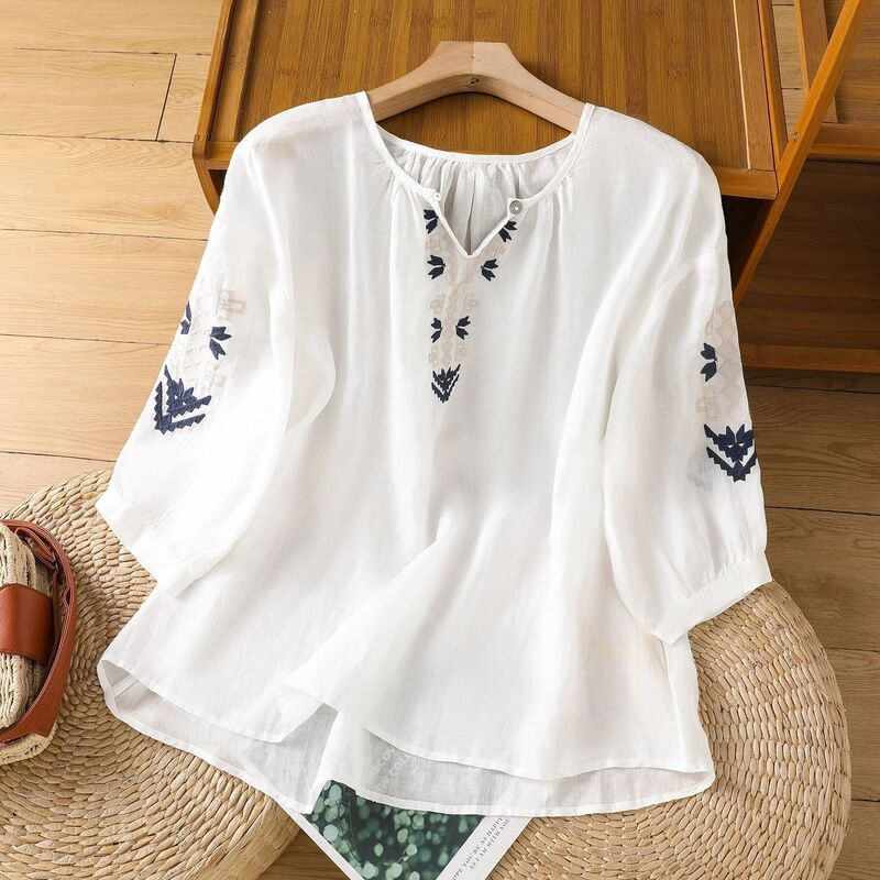 Ethnic Style Top Cotton and Linen Embroidered Shirt for Women Summer Heavy Embroider Thin Round Neck Lantern Sleeves Breathable Three-Quarter Sleeves