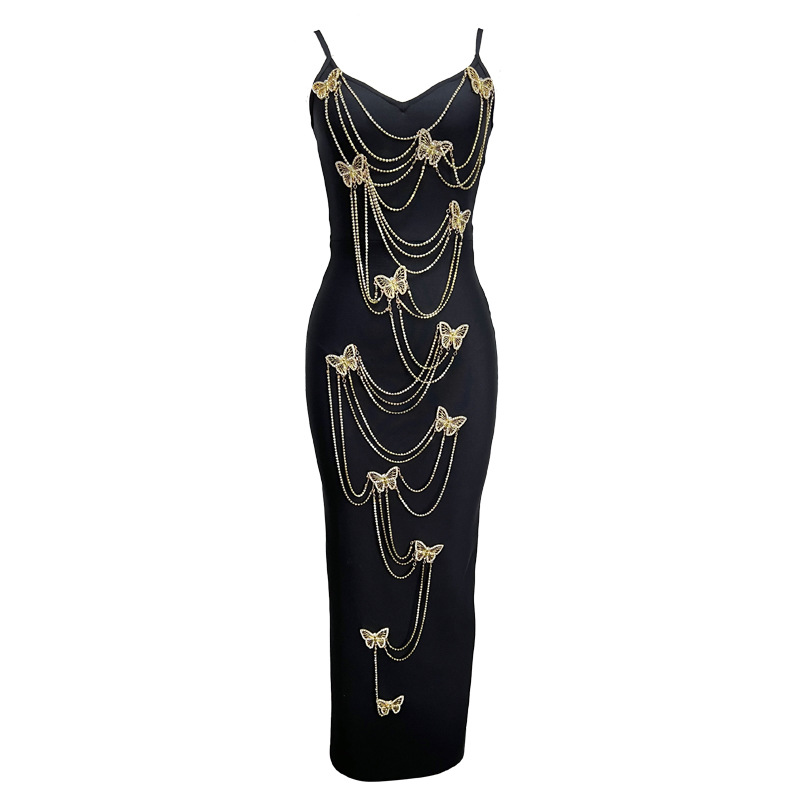 Women's Clothing Gold butterfly diamond chain net red bandage dress evening dress _voghion.com