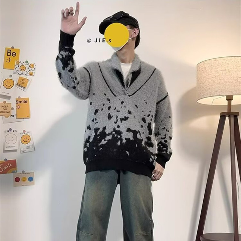 Christmas New Year Holiday Atmosphere V-neck Sweater Top Men's Winter Imitation Sable Hair Lazy Style Loose Sweater