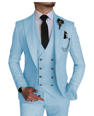 时尚智能商务天蓝色服装男士婚礼男士西装尖领翻领新郎燕尾服