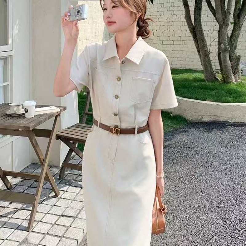 シャツワンピース、教師面接室、ウエストシェイプ、襟付き、夏のシンプルでエレガントなスカート|undefined