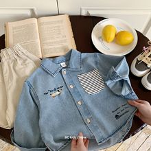 儿童牛仔衬衫邦诚2025秋装新款条纹口袋复古男女童宝宝衬衣H0137