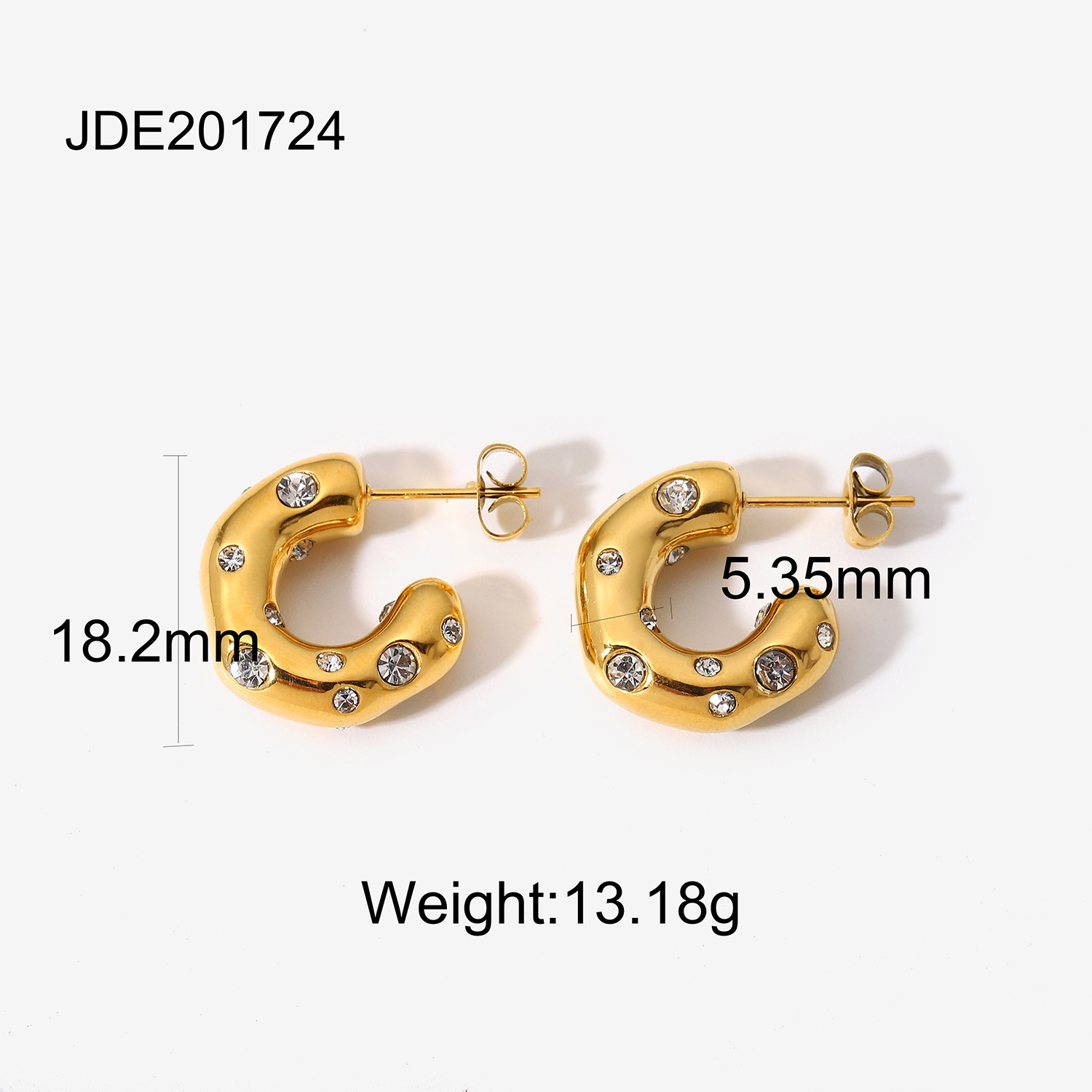 Special-shaped Hammer Pattern Inlaid Zirconium C-shaped Earrings 18k Gold-plated Stainless Steel Earrings display picture 6