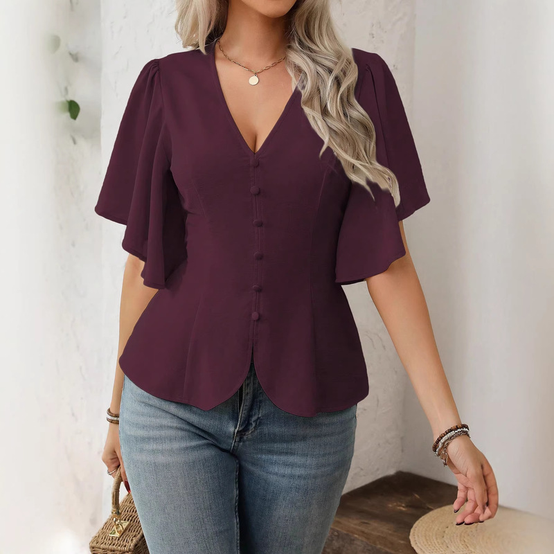 2026 Cross-Border European and American Amazon Deep V-Neck Single-Breasted Waist-Cinching Women's Short-Sleeved Top 2026 New Spring Clothing 2026 Cross-Border European and American Amazon Deep V-Neck Single-Breasted Waist-Cinching Women's Short-Sleeved Top 2026 New Spring Clothing