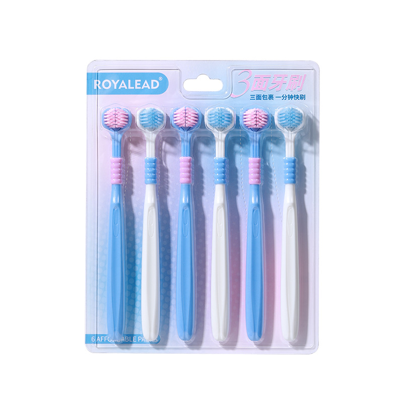 Cepillo de dientes tridimensional de tres lados para el hogar para adultos RAOYI 6 paquetes de limpieza de paquetes completos Fabricantes de cepillos de dientes de lana suave de alta calidad