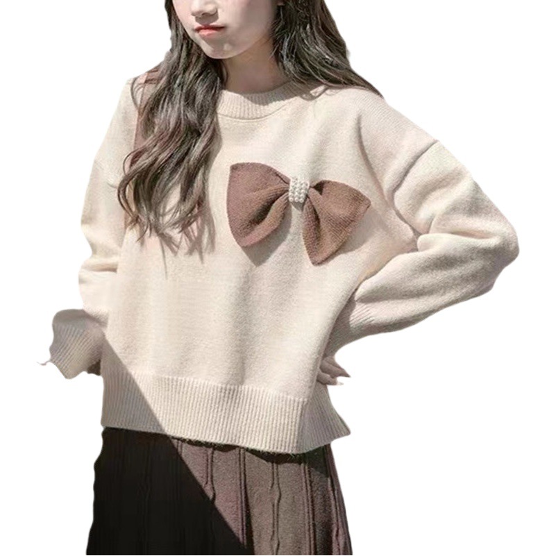 Bowknot de las mujeres con cuentas suéter de otoño e invierno nuevo estilo coreano suelta camisa de fondo de punto de moda estilo occidental prendas de vestir exteriores Top corto image 1
