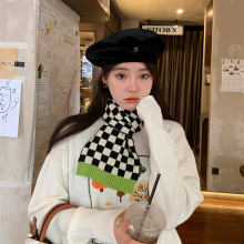 11084 秋冬棋盘格撞色软糯针织毛线围巾女韩系保暖百搭高级感围脖