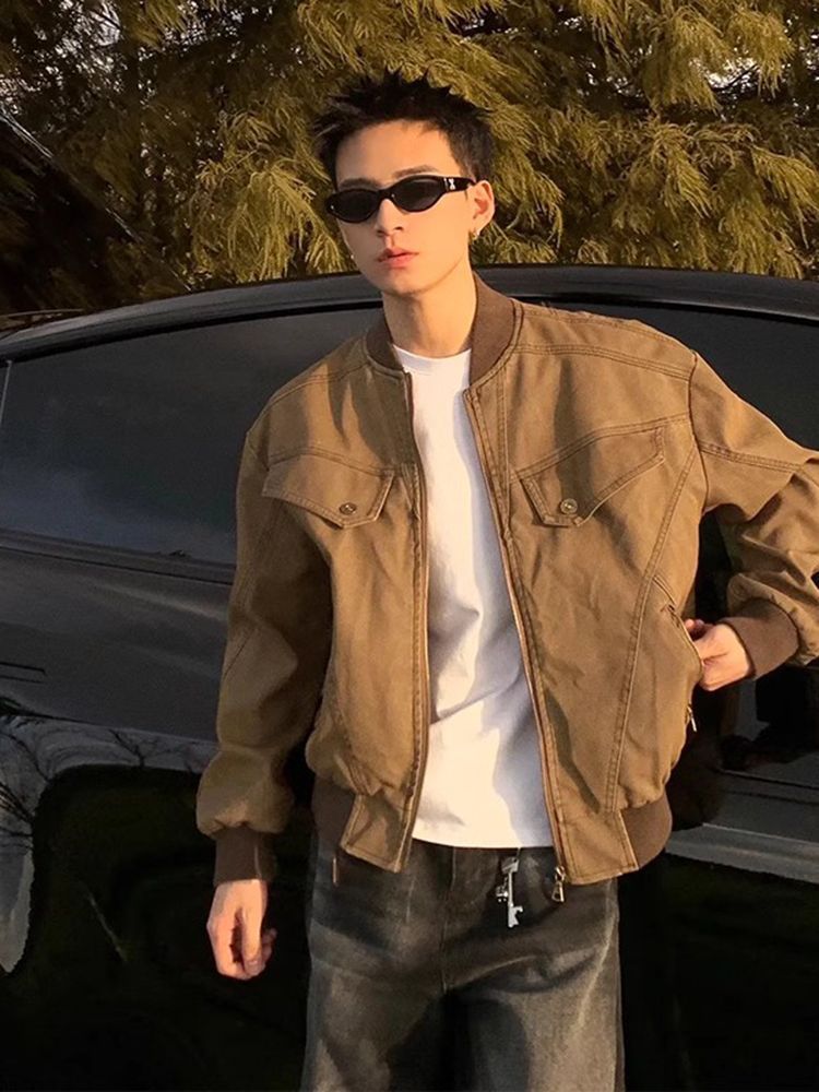Kişi və qadın üçün qəhvəyi bomber ceket, qısa vintage üslub